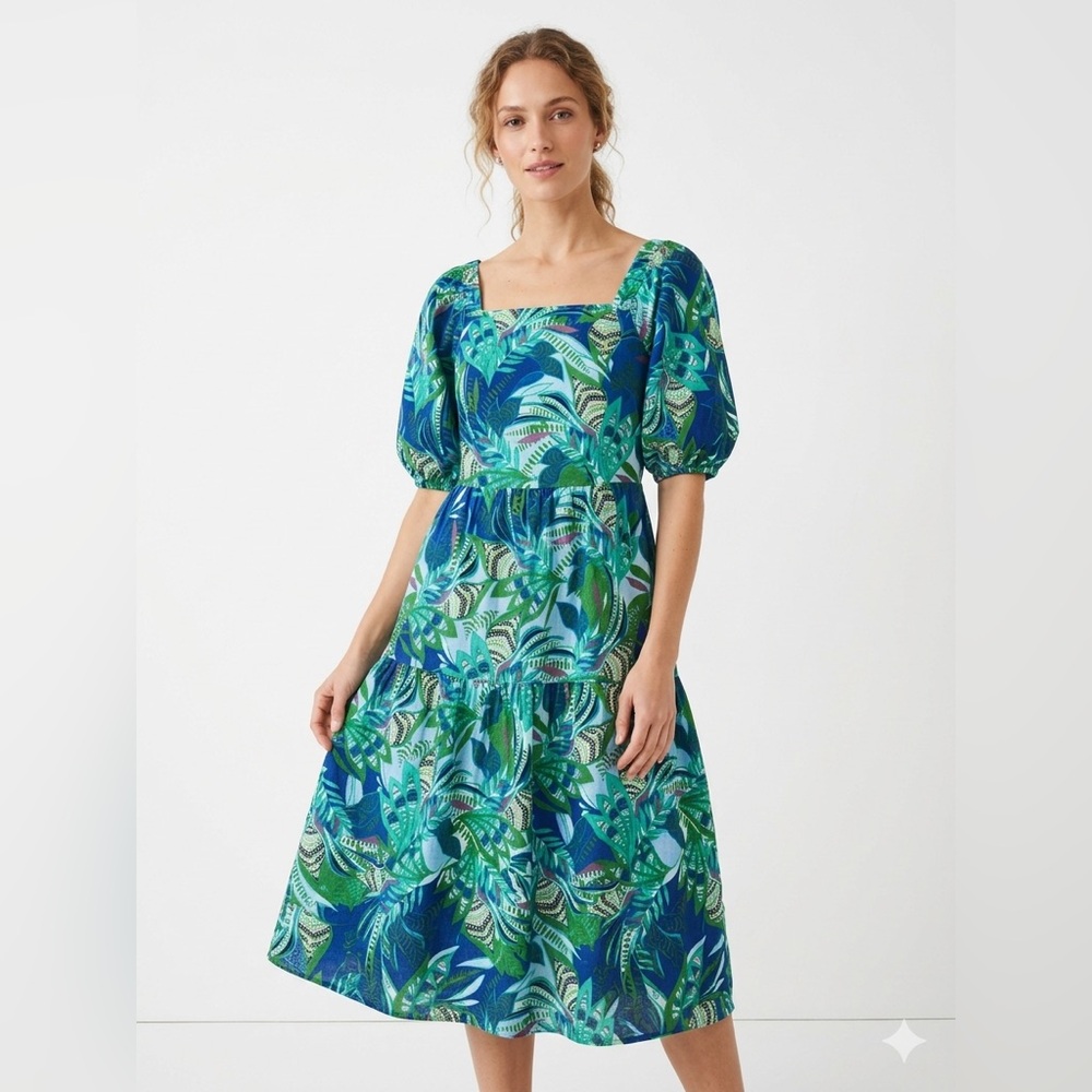 Tropical Print Square-Neck Midi Dress in Blue & Green